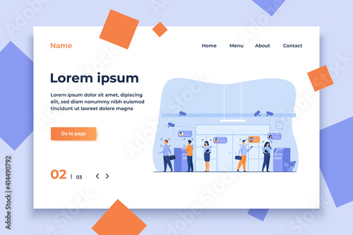 People standing queue in bank to withdrawing cash money flat vector illustration. AI face recognition with camera for access. Digital safety, analysis and control concept