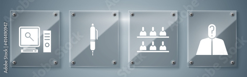 Set Anonymous with question mark, Jurors, Pen and Search on computer screen. Square glass panels. Vector.