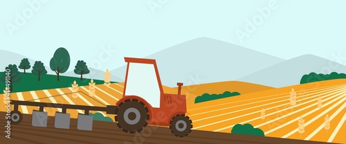 Agriculture farm banner. Tractor cultivating field at spring vector illustration.