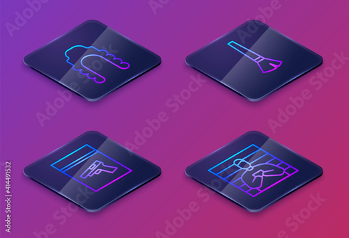 Set Isometric line Judge wig, Evidence bag and pistol or gun, Paint brush and Suspect criminal. Blue square button. Vector.