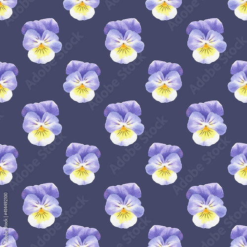 Seamless floral pattern with watercolor painted pansies. Purple  yellow pansy. Flower background. Design for fabric  textile or paper.