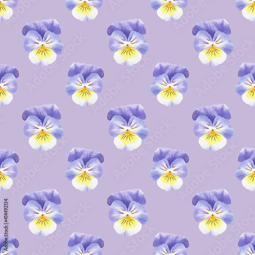 Seamless floral pattern with watercolor painted pansies. Purple, yellow pansy. Flower background. Design for fabric, textile or paper. © Christina