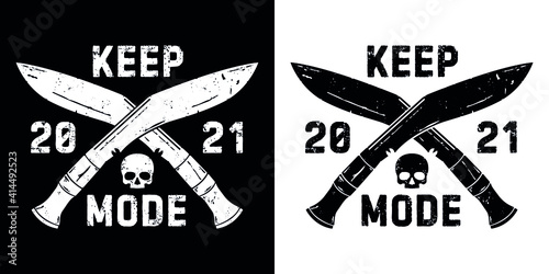 Logo / Label with crossed knives and skull. White and black version. All elements can be separated. KEEP MODE. Vector poster. T-shirt print. photo