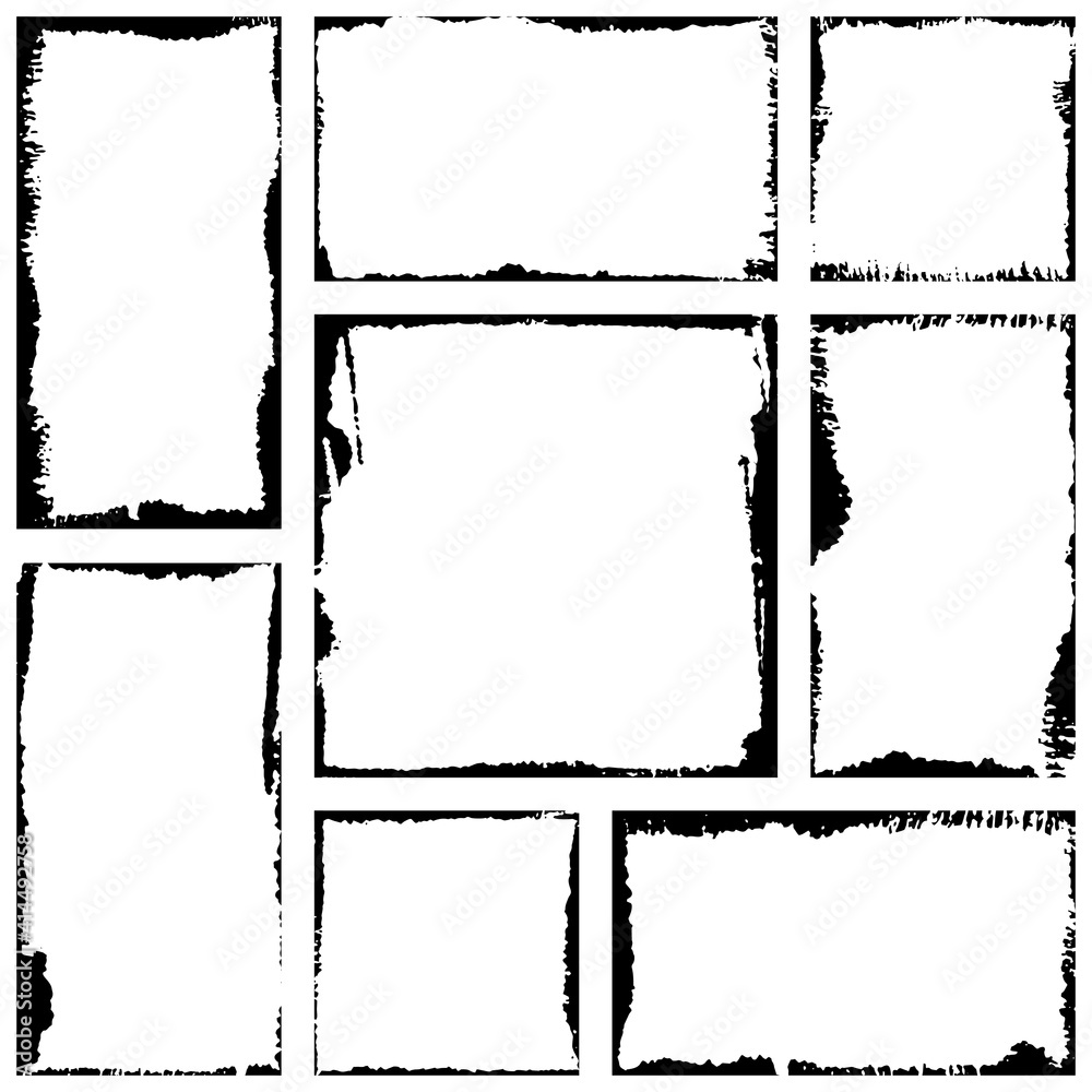 Set of vector rectangles frames for image with distress texture . Grunge black and white borders with crack and scratch effects, isolated on white background. Set of vector rectangles frames for image with distress texture . Grunge black and white borders with crack and scratch effects, isolated on white background.