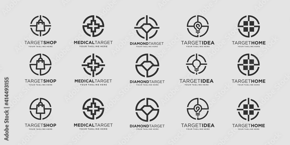 set of target Logo designs Template. illustration bag, plus, diamond, bulb light, windows combined with element target sign.