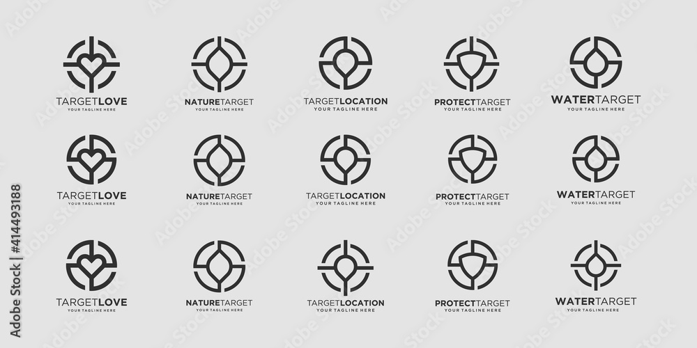 set of target Logo designs Template. illustration leaf, love, pin, shield, drop combined with element target sign.