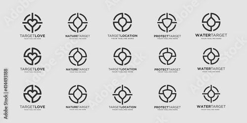 set of target Logo designs Template. illustration leaf, love, pin, shield, drop combined with element target sign.