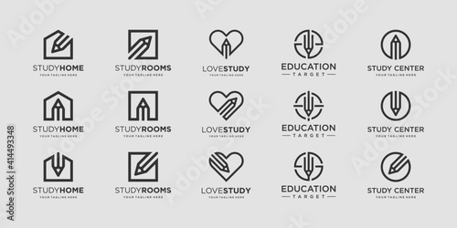 Set of pencil Logo designs Template. illustration home, square, love, circle, target combined with element pen sign.