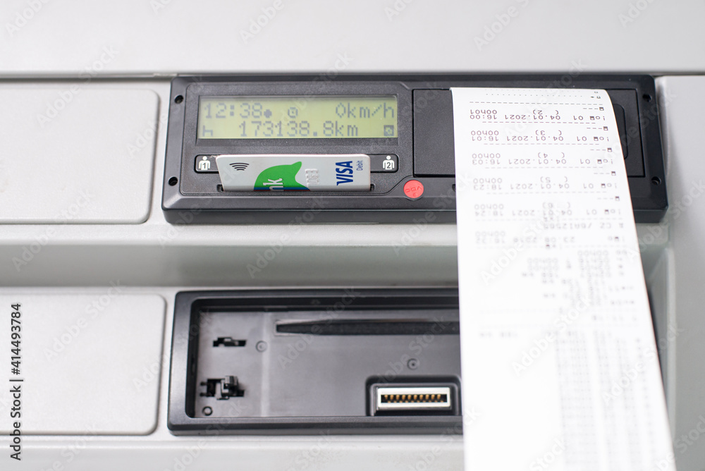 Credit debit card inserted in a digital tachograph instead of a driver digital card. Driving times printed out. No personal data