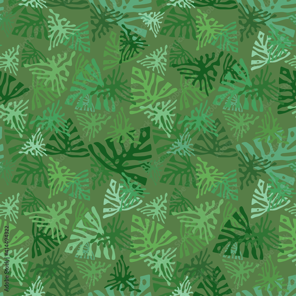 Monstera camouflage seamless tropical pattern. Leaves camo with tropical plants. Exotic background, fashion jungle print for design. Vector wallpaper
