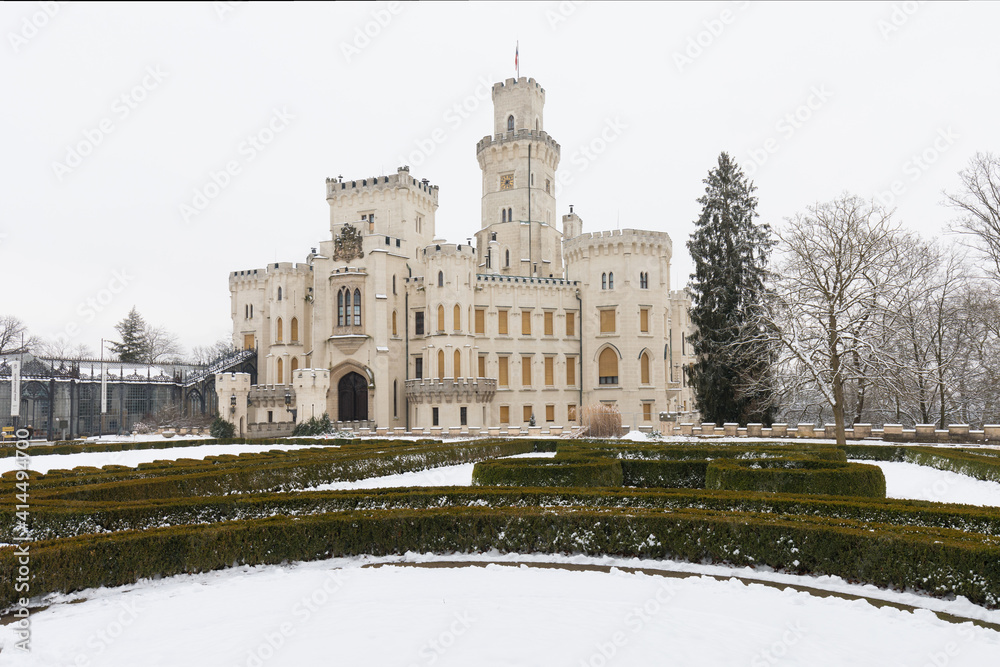 Beautiful renaissance castle Hluboka in the Czech Republic, South Bohemia region near České Budějovice town. Winter Christmas time. Castle was founded in 13th century. One of the most popular place.