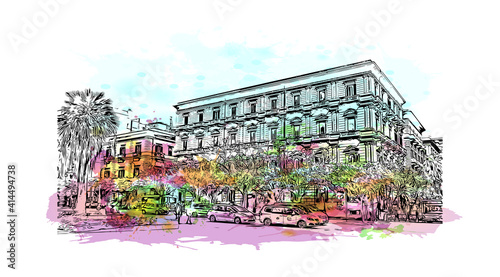 Building view with landmark of Sicily is the
Italian region. Watercolour splash with hand drawn sketch illustration in vector.