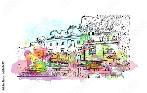 Building view with landmark of Sicily is the
Italian region. Watercolour splash with hand drawn sketch illustration in vector.