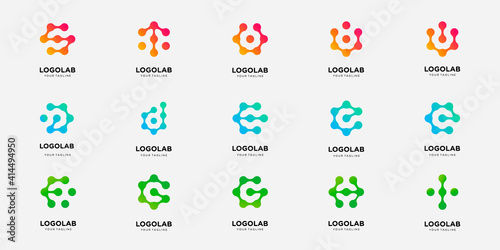 set of collection logotype letter with dot and molecule concept logo template.