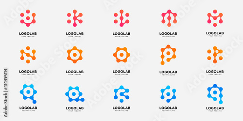 bundle collection letter ABC with dot and molecule concept logo template.