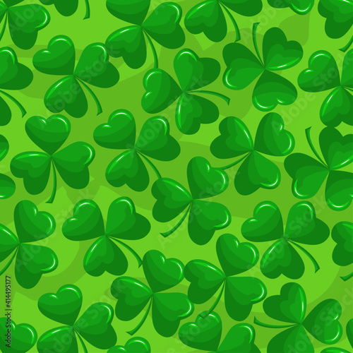 Saint Patrick's Day pattern with green clovers, shamrock. Irish leprechaun shenanigans lucky charm. Kiss me, I am Irish. Colorful print for poster, card, textiles, wallpaper, backgrounds.