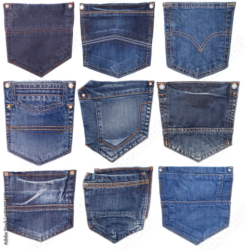 collection of different jeans pocket isolated on white.