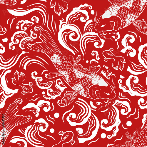 Seamless Art Japanese Repeat Pattern Swimming KOI Carp Fish and Little Fish Swim with Ripple, Water Splash Graphics on Pure Red Background Template Design for Wrapping Paper