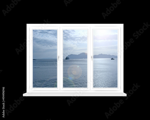 Panoramic window overlooking in ocean with ships. Domestic concept