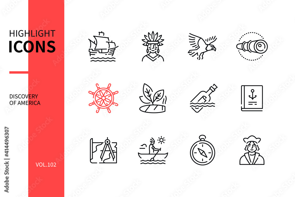 Discovery of America - modern line design style icons set