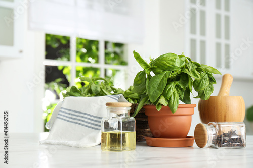 Fresh green basil in pot on white marble table in kitchen