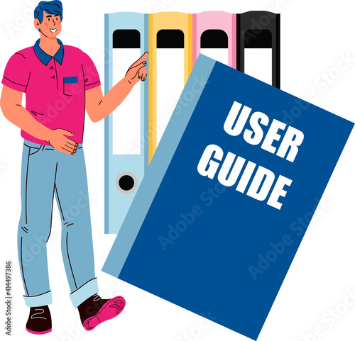 Concept of User manual for web page banner or social media with cartoon man standing next to user guide book, vector illustration isolated on white. Requirements specifications document.