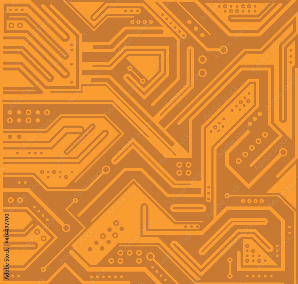 Circuit board, technology orange background. Digital electronic texture, high tech pattern. Vector wallpaper