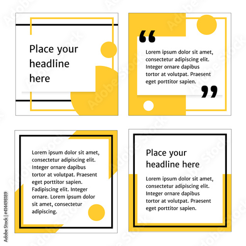 Set of 4 square banners with sample text. Yellow, white and black social media post grid templates with copy space. Heading, post and quote frames. Feed layout. Presentation, brochure, card design.