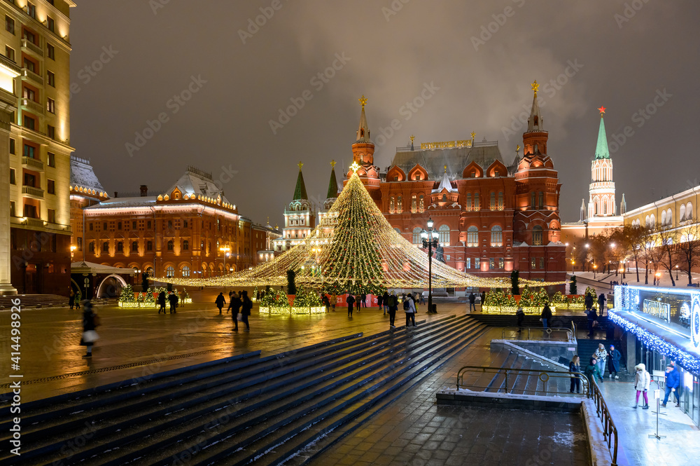 New Year and Christmas decorations of the Manege Square, Moscow, Russian Federation, January 12, 2021