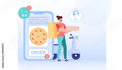 Vector cartoon flat character carry online order buys.Food delivery service workflow-scooter courier delivers ordered pizza from mobile app screen to customer-online shop,web site banner ad concept