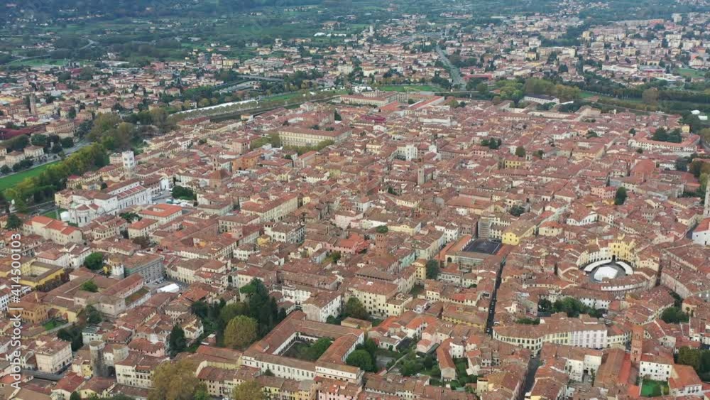 Aerial view of ancient town Lucca, Italy, Toscana region.