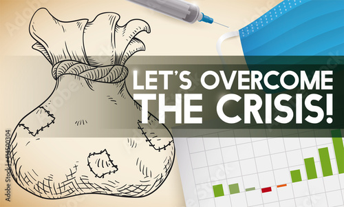 Satchel, Half-mask, Syringe and Chart promoting Economic Recovery, Vector Illustration