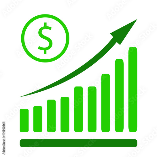 Vector illustration of dollar rate increase icon. Money symbol with stretching arrow up. Increase profit, salary, income, cost, price, economy and revenue. Icon for business concept.