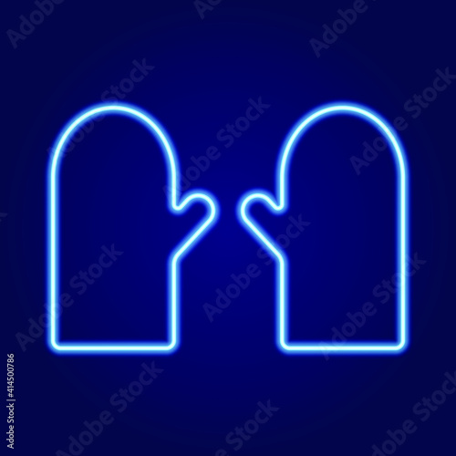 Glowing blue neon mittens on dark blue background 