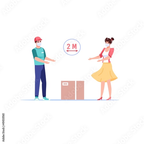 Vector cartoon flat customer character takes online order from delivery man using contactless method-coronavirus protection prevention measures-wearing face mask,social distancing,medical concept
