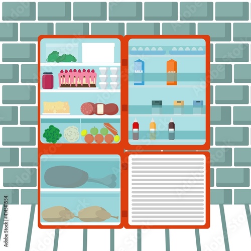 Open fridge full with tasty food vector illustration