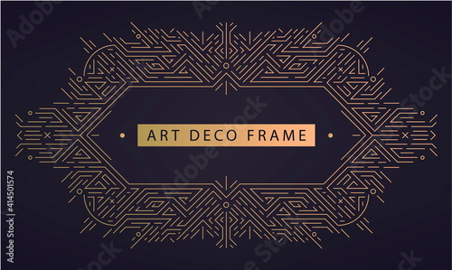 Vector art deco frame, abstract geometric design template for luxury products. Geometric golden background. Linear ornament composition, vintage. Use for packaging, branding, decoration