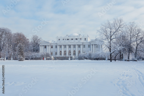 Picturesque white palace in winter Saint Petersburg.