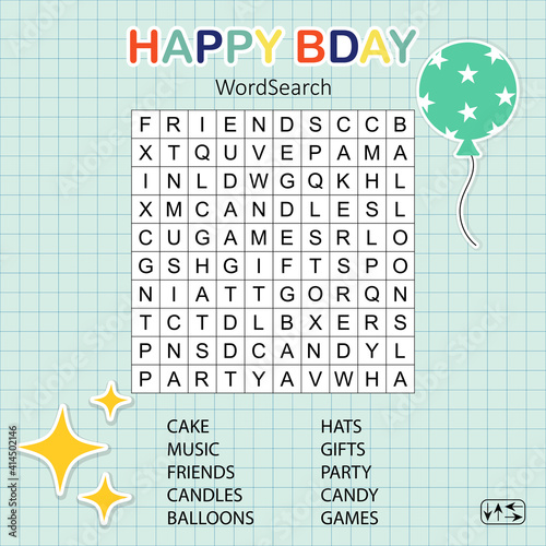 Happy Birthday word search puzzle. Educational game for kids.  Crossword suitable for social media post. Сolorful worksheet for learning English words. 