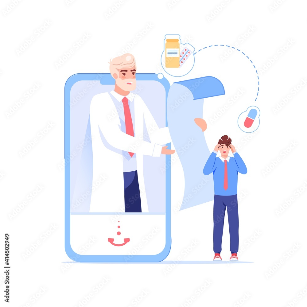 Vector cartoon flat patient,doctor characters at work.Physician character read medical prescription to sick person from mobile screen app-web online medical treatment therapy,telemedicine concept Vector cartoon flat patient,doctor characters at work.Physician character read medical prescription to sick person from mobile screen app-web online medical treatment therapy,telemedicine concept