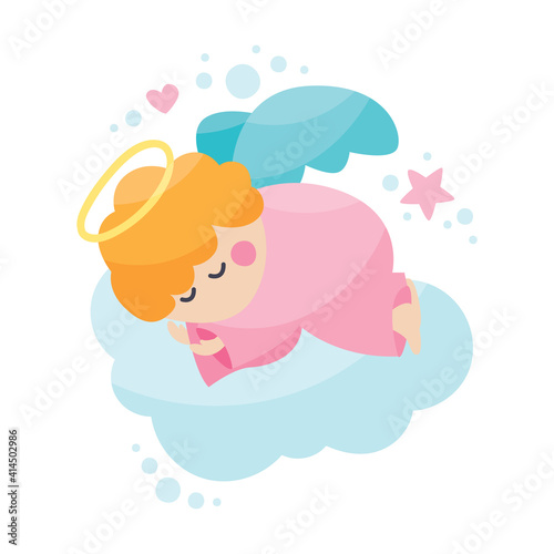 Cute vector baby angel character with wings, cloud, heart, star. Nursery art, valentine's day