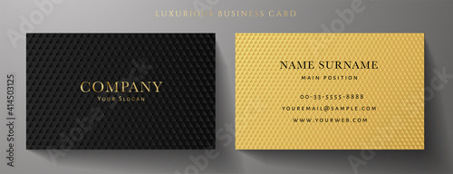 Business card with luxury abstract black triangle pattern (carbon texture). Formal premium background template useful for invitation design, Gift card, voucher or gift coupon