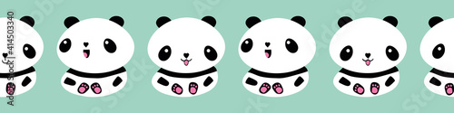 Cute Kawaii vector panda seamless border. Banner of adorable black and white sitting cartoon bears on pastel blue background .Hand drawn illustration.Character animal repeat. Great for ribbon, edging