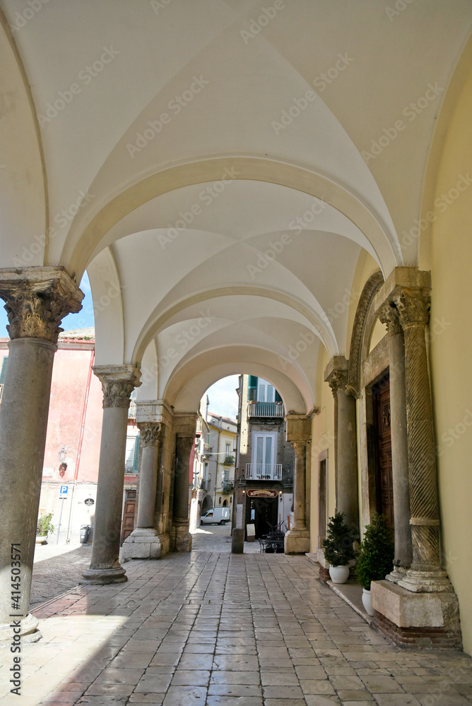 Ancient Roman columns in the portico of the cathedral of Sant'Agata dei Goti, a town in the province of Benevento, Italy.