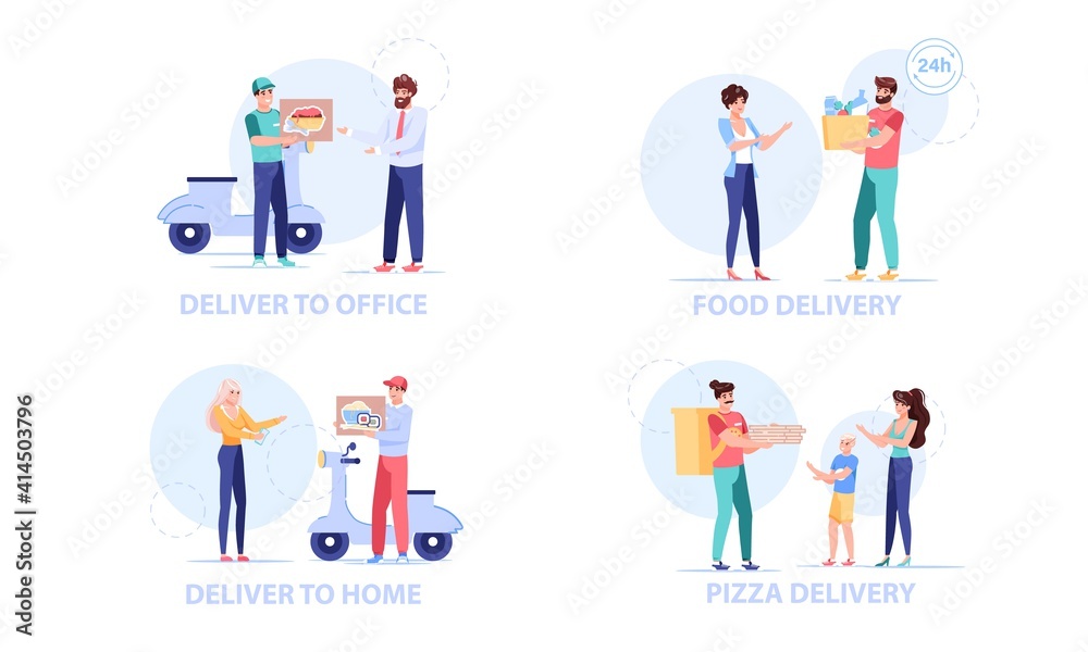 Set of vector cartoon flat characters receive online order buys.Delivery service workflow-couriers gives purchase,ordered packages,food to happy customers-online shop,web site banner ad concept Set of vector cartoon flat characters receive online order buys.Delivery service workflow-couriers gives purchase,ordered packages,food to happy customers-online shop,web site banner ad concept