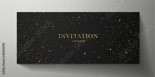 Elegant black Invitation template with gold twinkle stars pattern on background. Premium vector design for Gift certificate, Voucher, Gift card