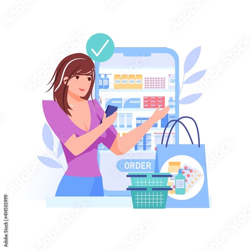 Vector cartoon flat girl character order online,buying goods.Happy customer choose,ordering medications at online pharmacy drug store on mobile app screen-telemedicine,web site banner ad concept