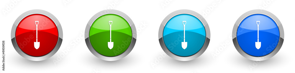 Shovel, gardening tool silver metallic glossy icons, set of modern design buttons for web, internet and mobile applications in four colors options isolated on white background