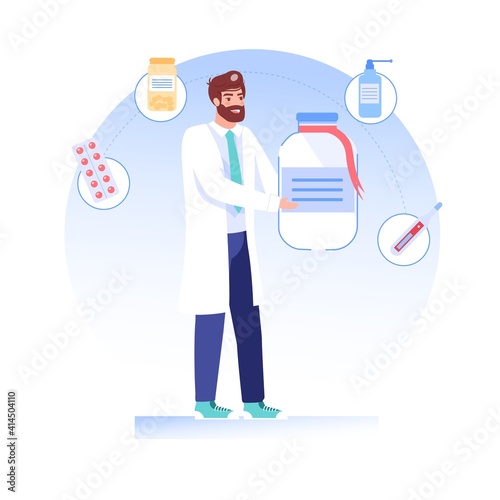 Vector cartoon flat doctor character offers,presents medications drugs.Physician specialist holds prescribed medicine-medical treatment therapy,online telemedicine pharmacy,web site banner ad concept