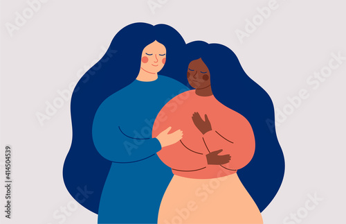 Friends Support Concept. A white woman comforts her best friend who in stress and depression. A black girl is in a difficult situation and needs help. Vector illustration
